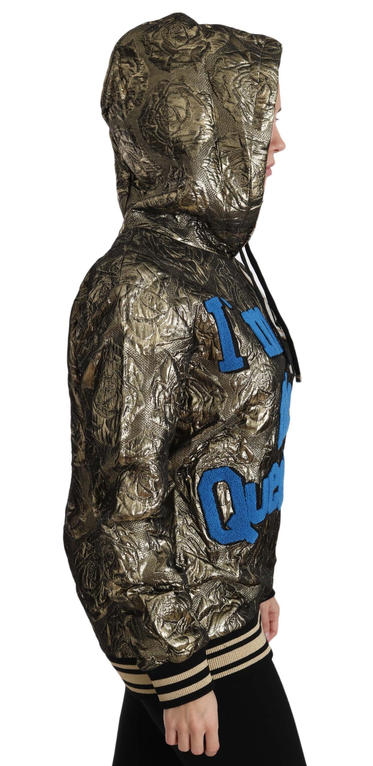 Dolce & Gabbana "I'm The Queen" jacquard gold sweatshirt hoodie with bold lettering and cozy fit.