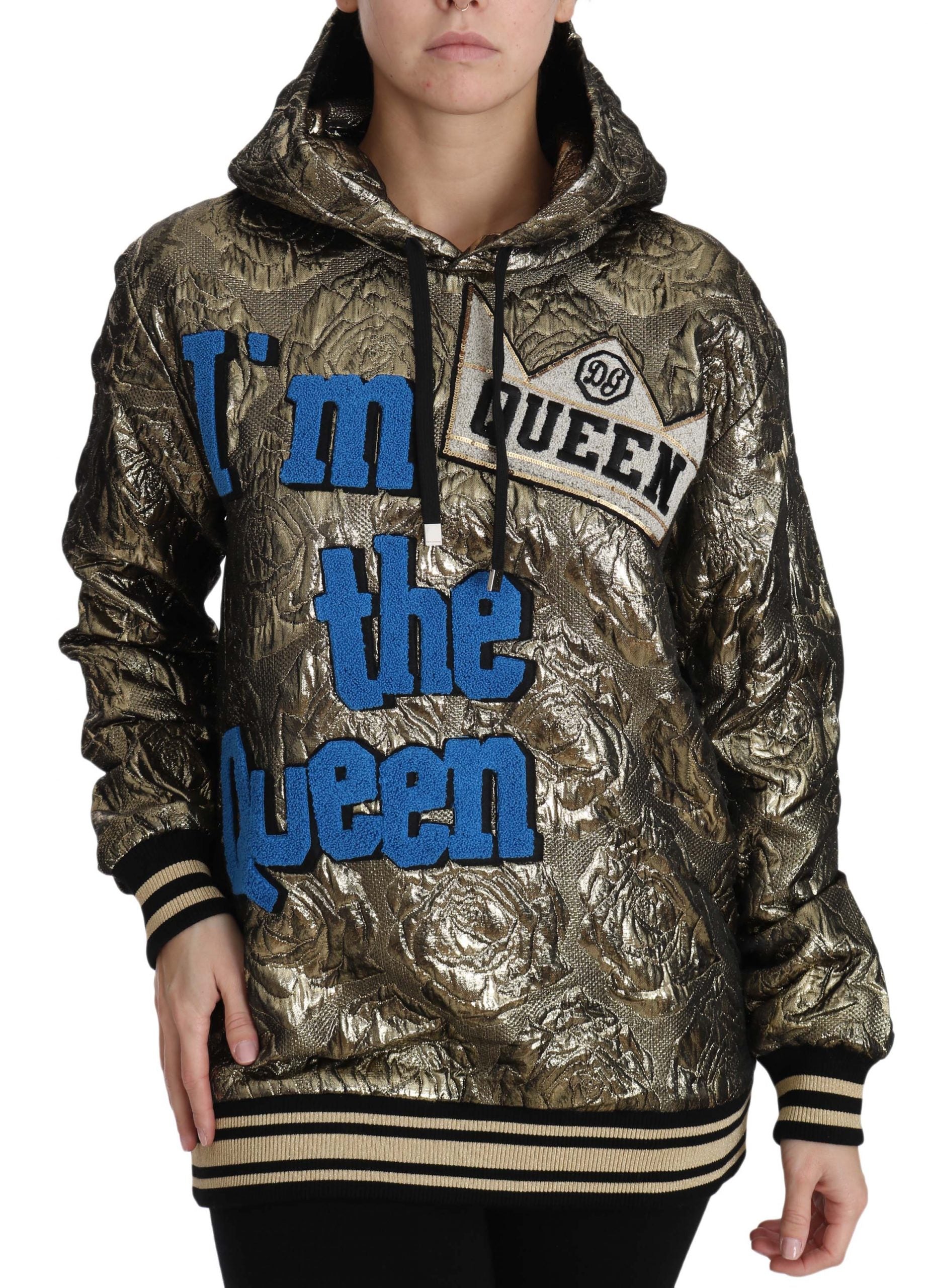 Dolce & Gabbana Im The Queen jacquard gold sweatshirt hoodie with bold text and stylish design on a comfortable fabric.