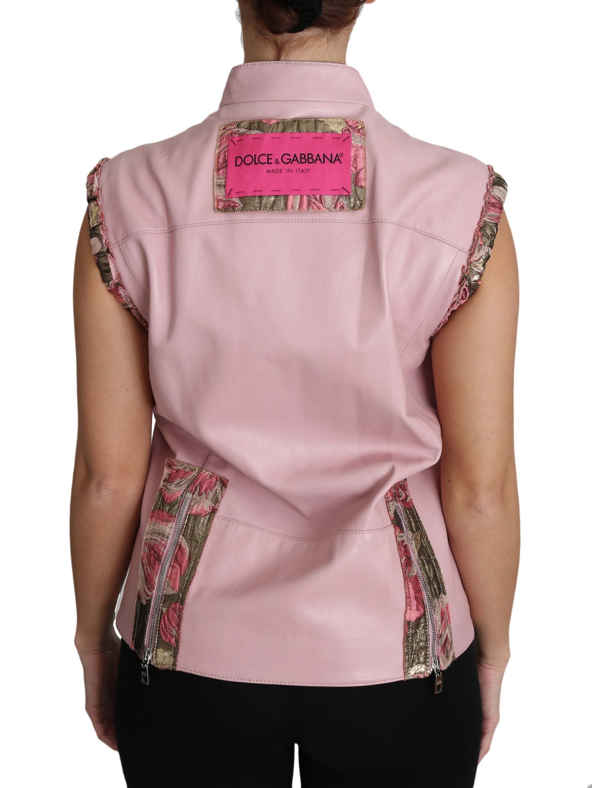 Pink leather sleeveless vest with zippered lamb details from Dolce & Gabbana, showcasing a sleek, modern leather jacket design.