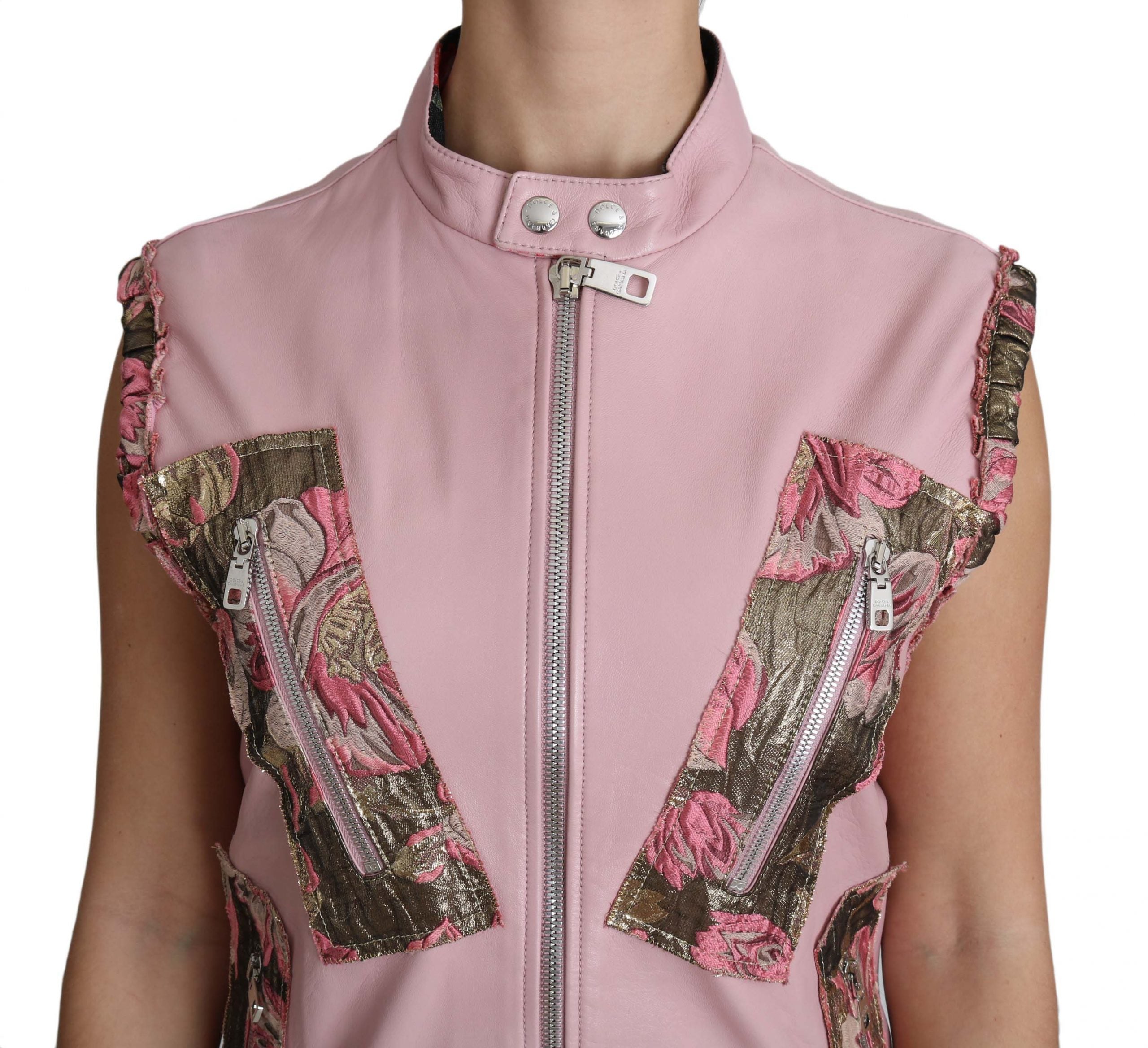 Pink zippered lamb leather vest without sleeves, stylish sleeveless jacket by Dolce & Gabbana, featuring a front zipper closure.