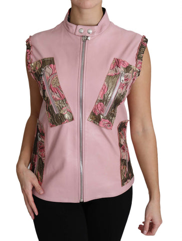 Pink leather sleeveless vest with zipper details from Dolce & Gabbana, featuring lamb leather and a stylish, modern design.
