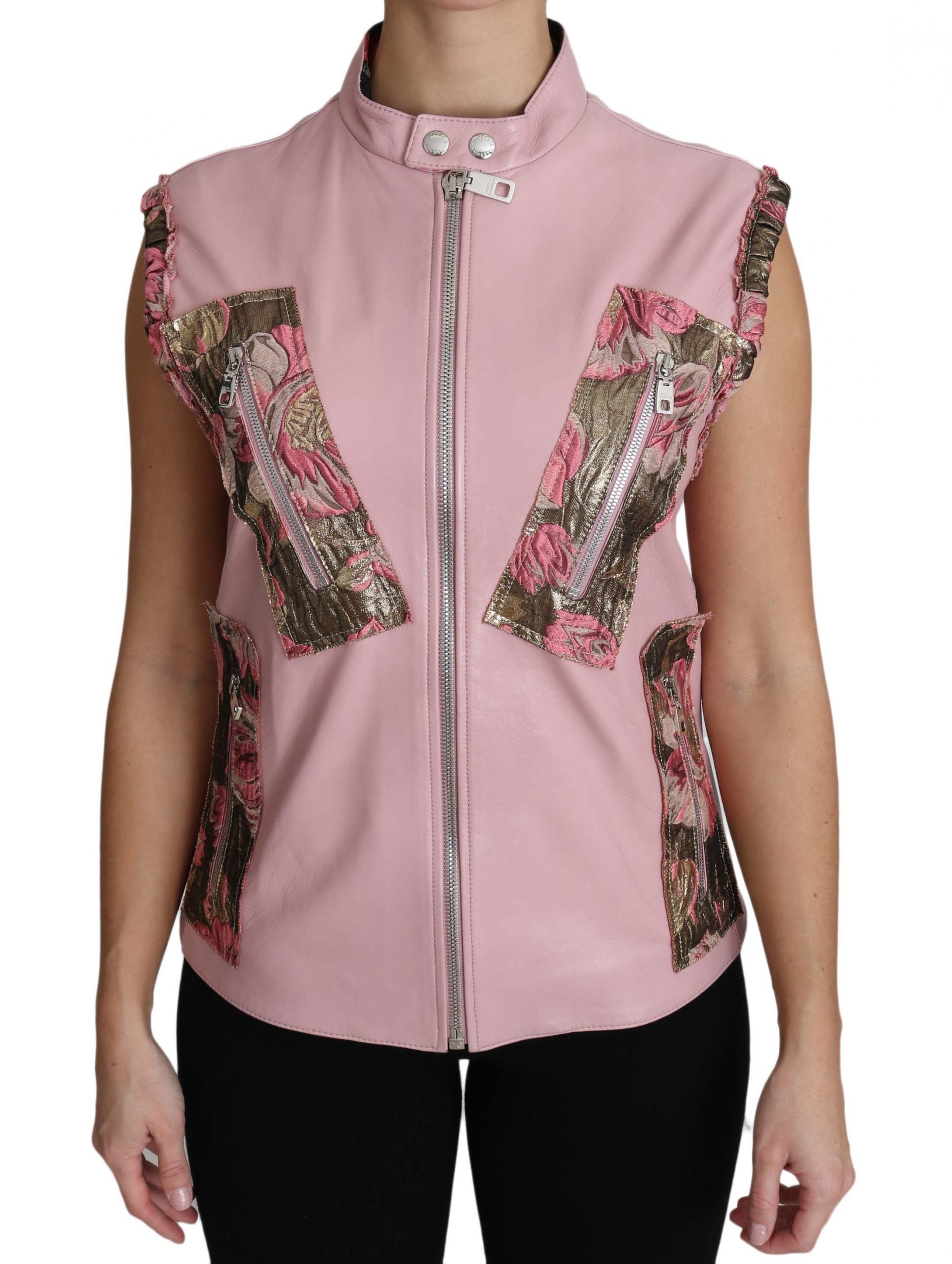 Pink leather sleeveless vest with zipper details from Dolce & Gabbana, featuring lamb leather and a stylish, modern design.