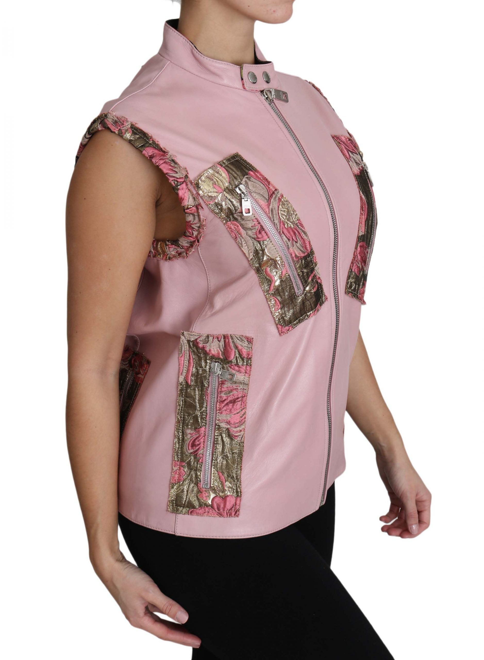 Pink leather sleeveless vest with zipper details from Dolce & Gabbana, featuring lamb leather and a stylish, modern design.