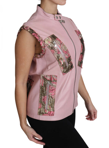 Pink leather sleeveless vest with zipper details from Dolce & Gabbana, featuring lamb leather and a stylish, modern design.