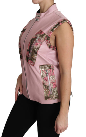 Pink zippered lamb leather sleeveless vest jacket by Dolce & Gabbana, featuring a stylish design and silver zipper details.