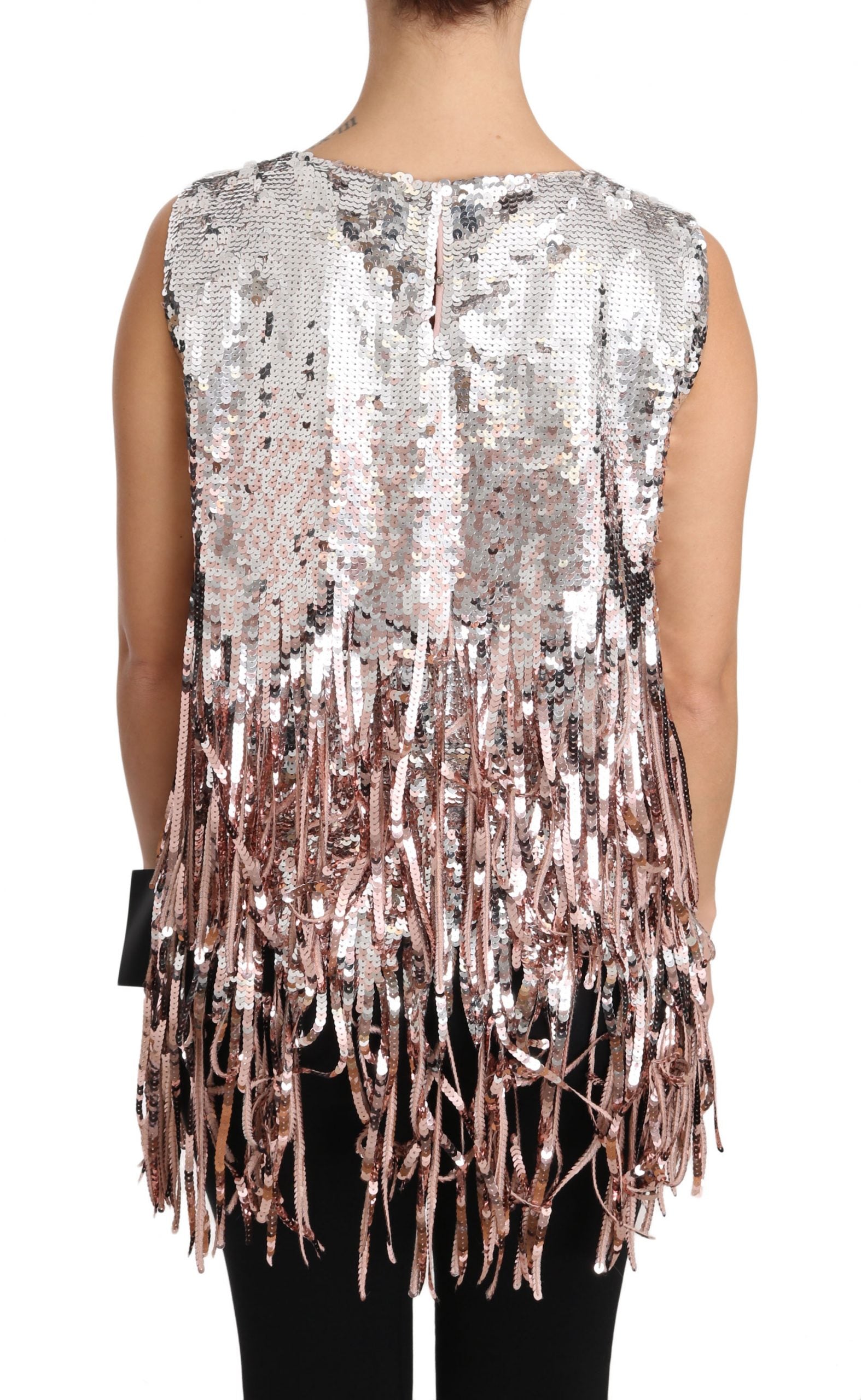 Golden pink sequined fringe tank top by Dolce & Gabbana, featuring shimmering sequins and stylish fringe detail.