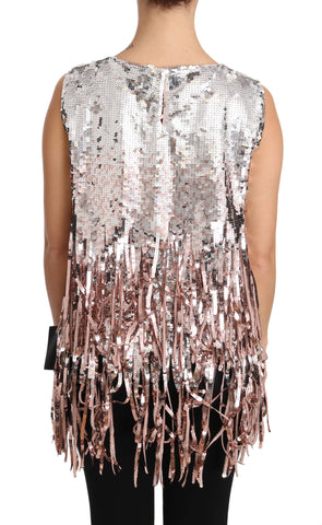 Golden pink sequined fringe tank top by Dolce & Gabbana, featuring shimmering sequins and stylish fringe detail.