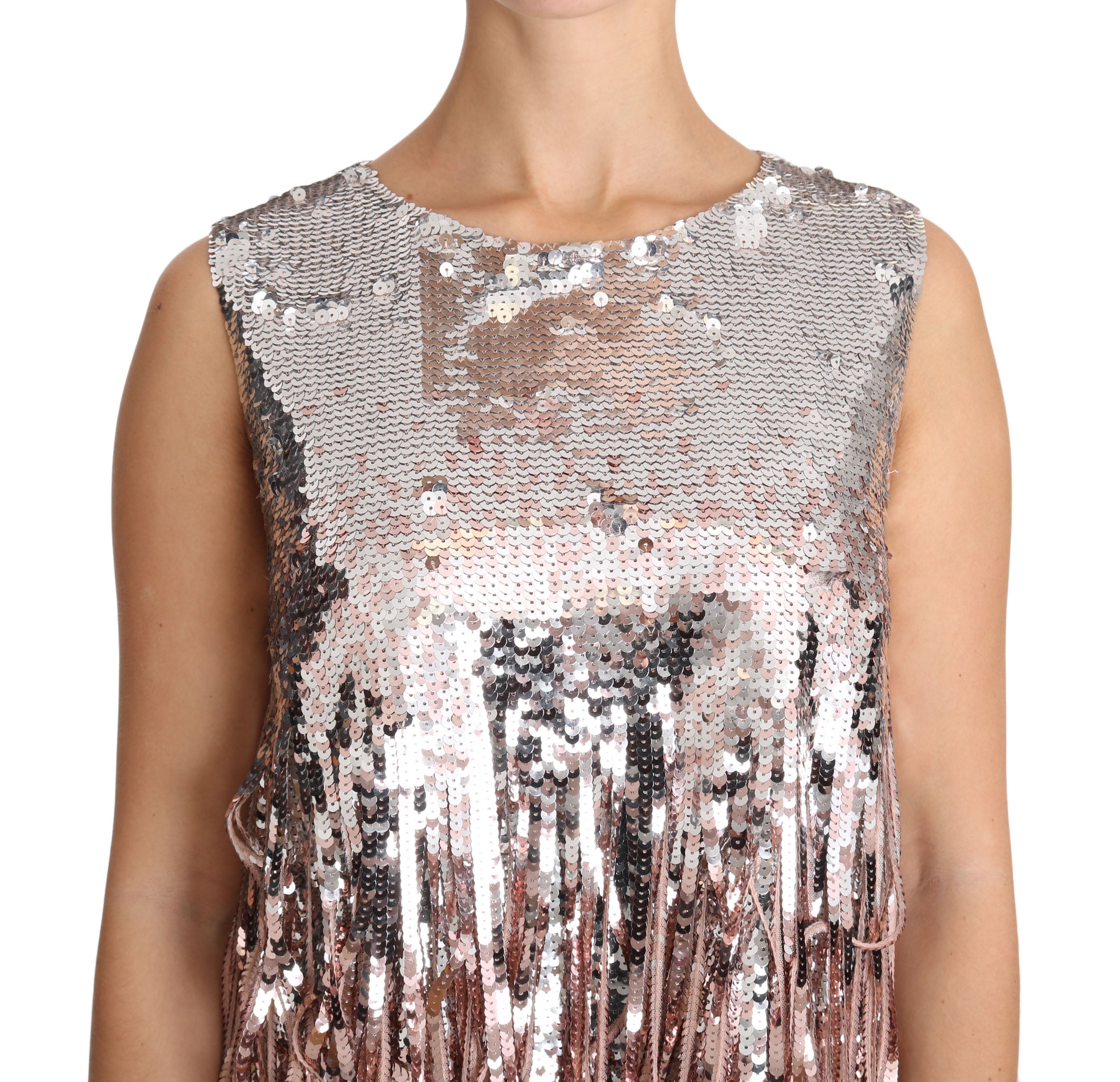 Golden pink sequined fringe tank top by Dolce & Gabbana, featuring shimmering fabric and stylish sleeveless design.