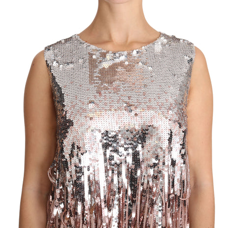 Golden pink sequined fringe tank top by Dolce & Gabbana, featuring shimmering fabric and stylish sleeveless design.
