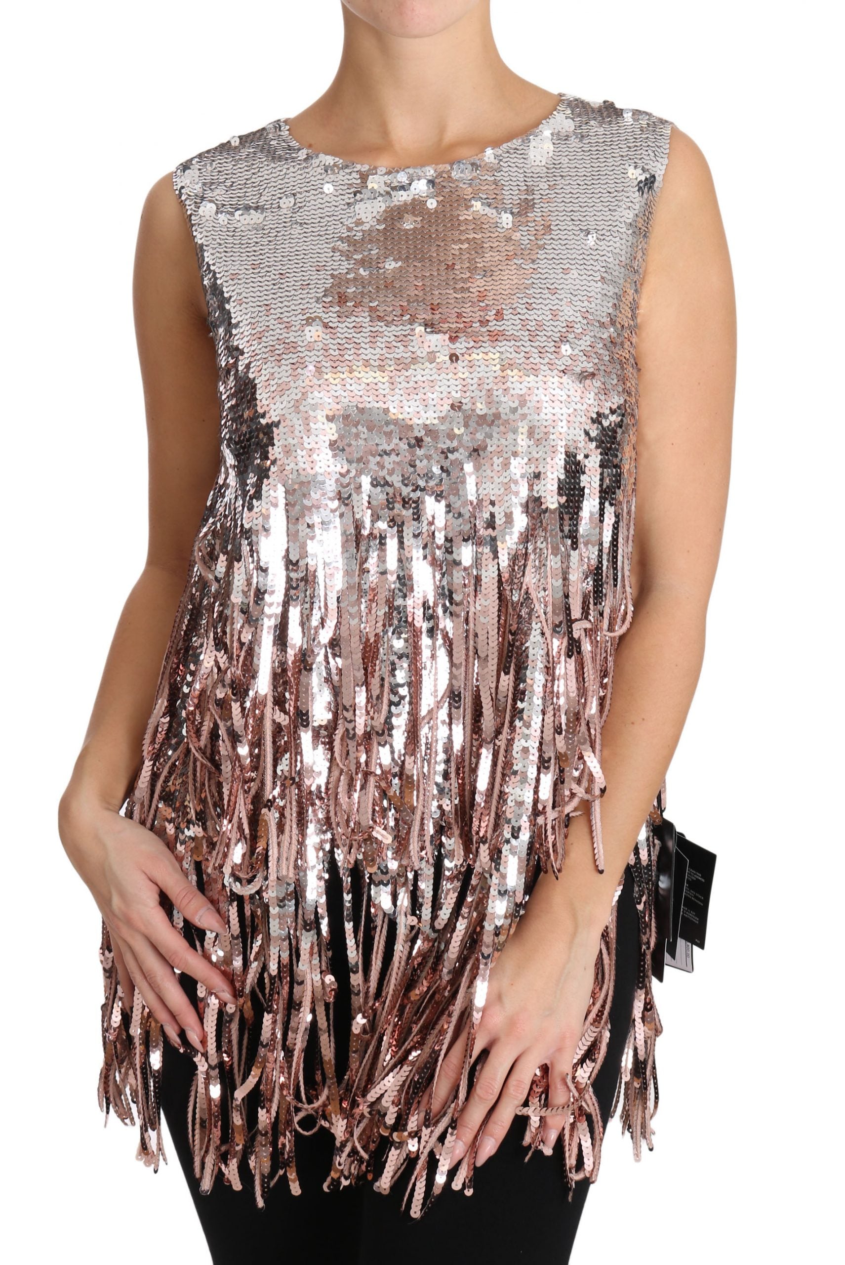 Golden pink sequined fringe tank top by Dolce & Gabbana with shimmering sequins and stylish sleeveless design.