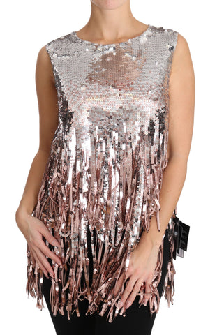 Golden pink sequined fringe tank top by Dolce & Gabbana with shimmering sequins and stylish sleeveless design.