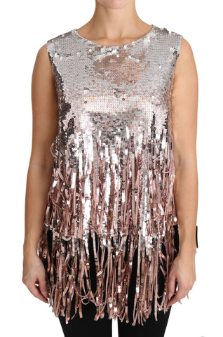 Golden pink sequined fringe tank top by Dolce & Gabbana with shimmering embellishments and stylish sleeveless design.
