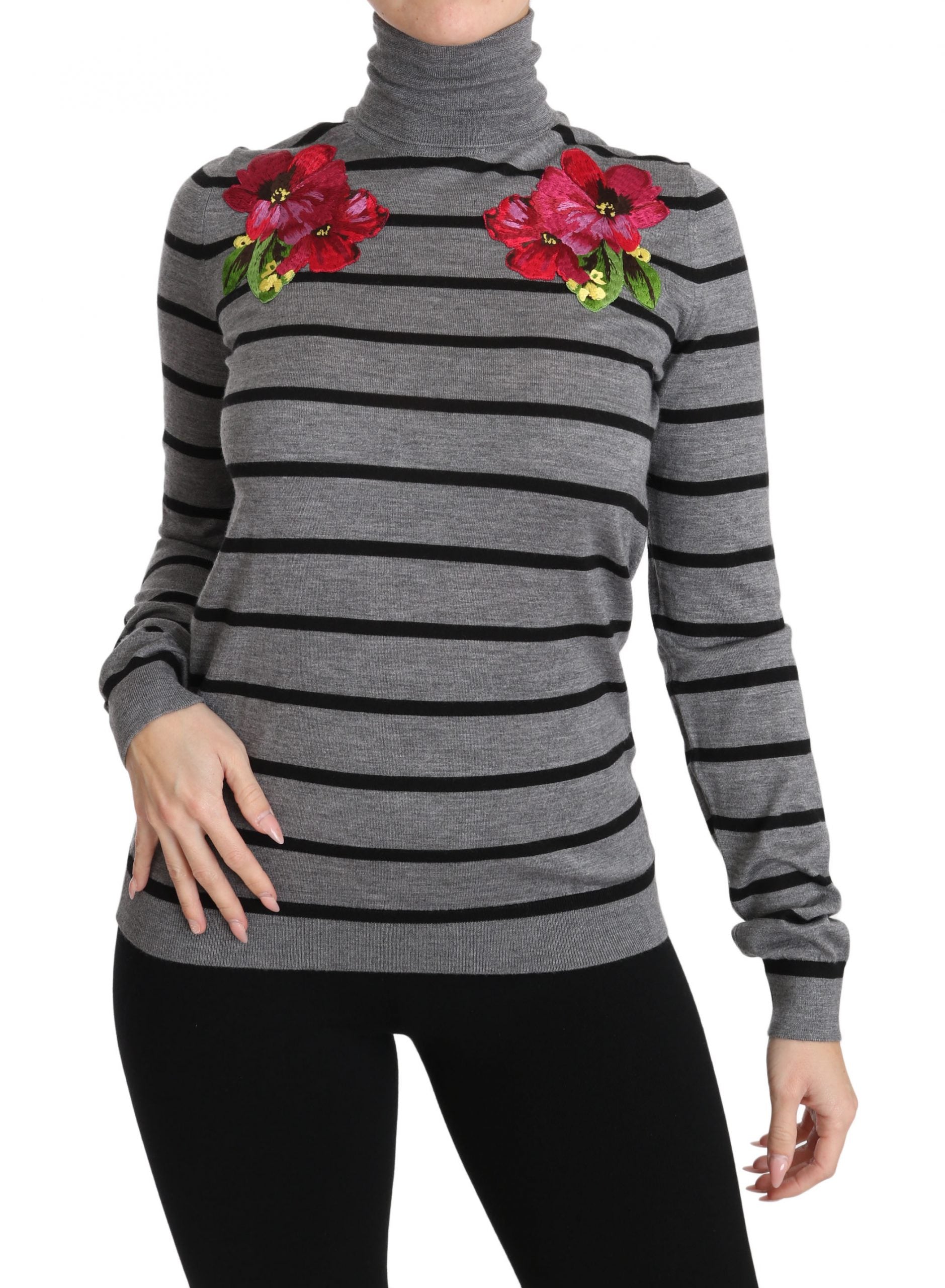Gray cashmere silk turtleneck sweater by Dolce & Gabbana, close-up view showcasing soft fabric and stylish fit.