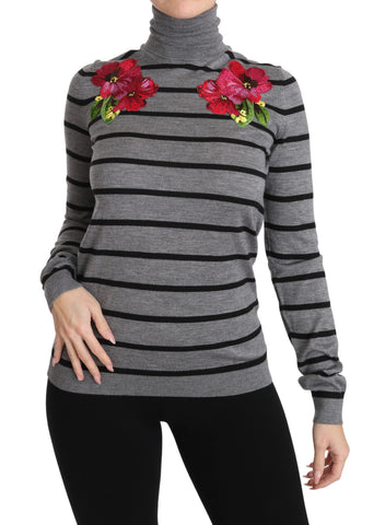 Gray cashmere silk turtleneck sweater by Dolce & Gabbana, close-up view showcasing soft fabric and stylish fit.