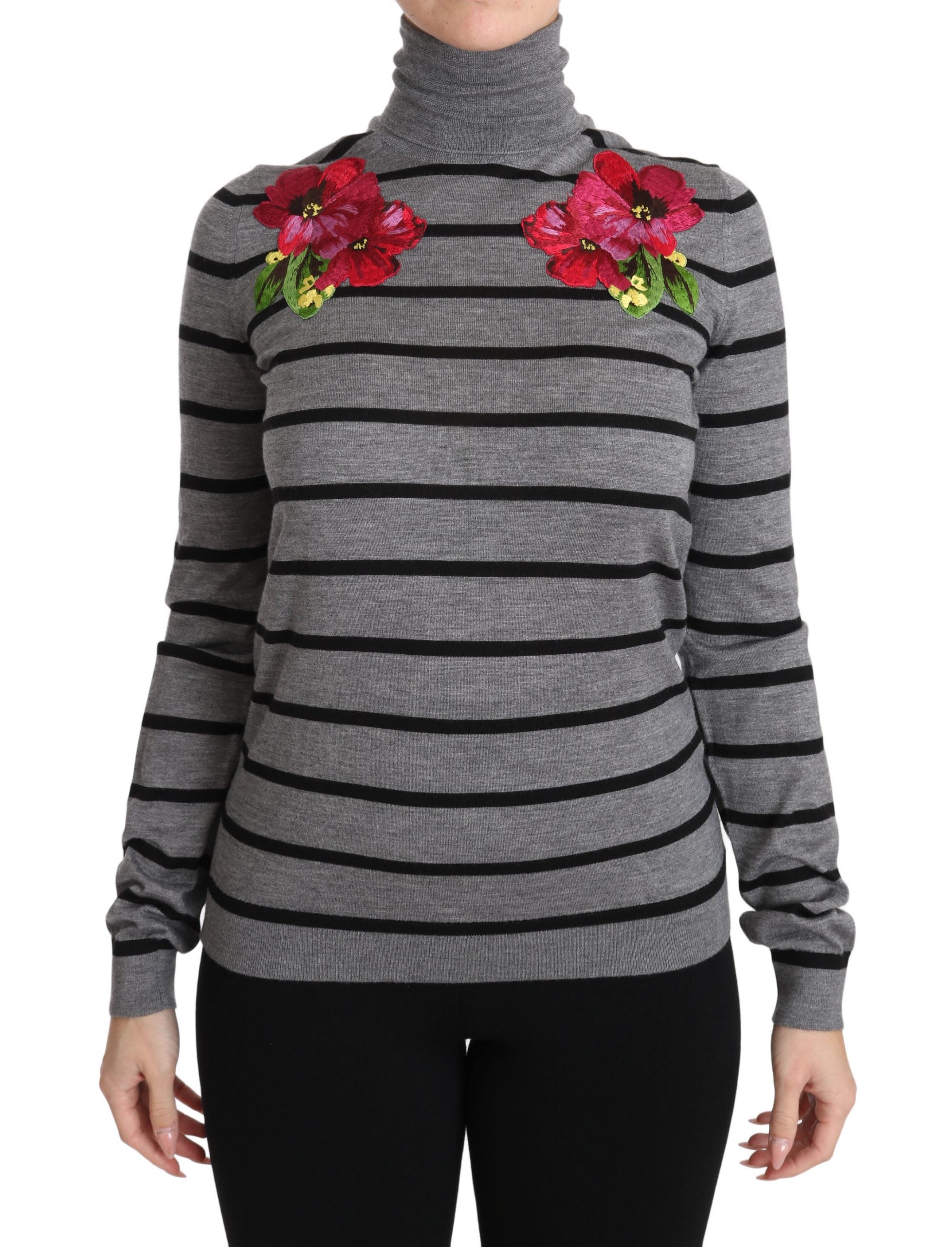 Gray cashmere silk turtleneck sweater by Dolce & Gabbana, close-up of soft fabric and classic high neckline.
