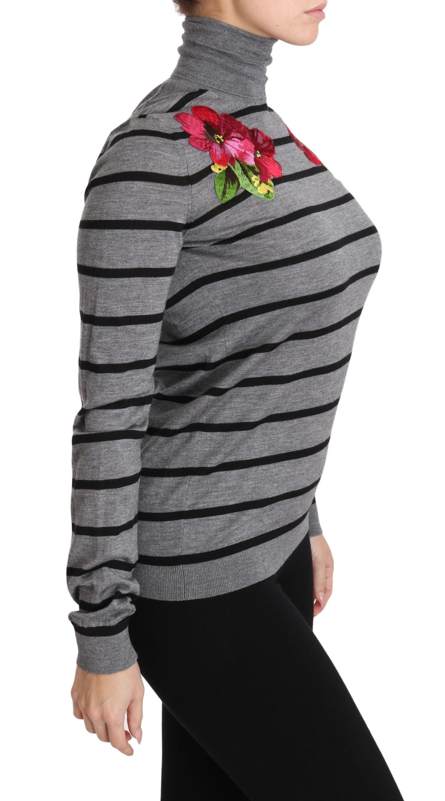 Gray cashmere silk turtleneck sweater by Dolce & Gabbana, close-up showing soft fabric and fitted style.