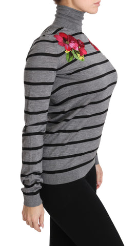 Gray cashmere silk turtleneck sweater by Dolce & Gabbana, close-up showing soft fabric and fitted style.