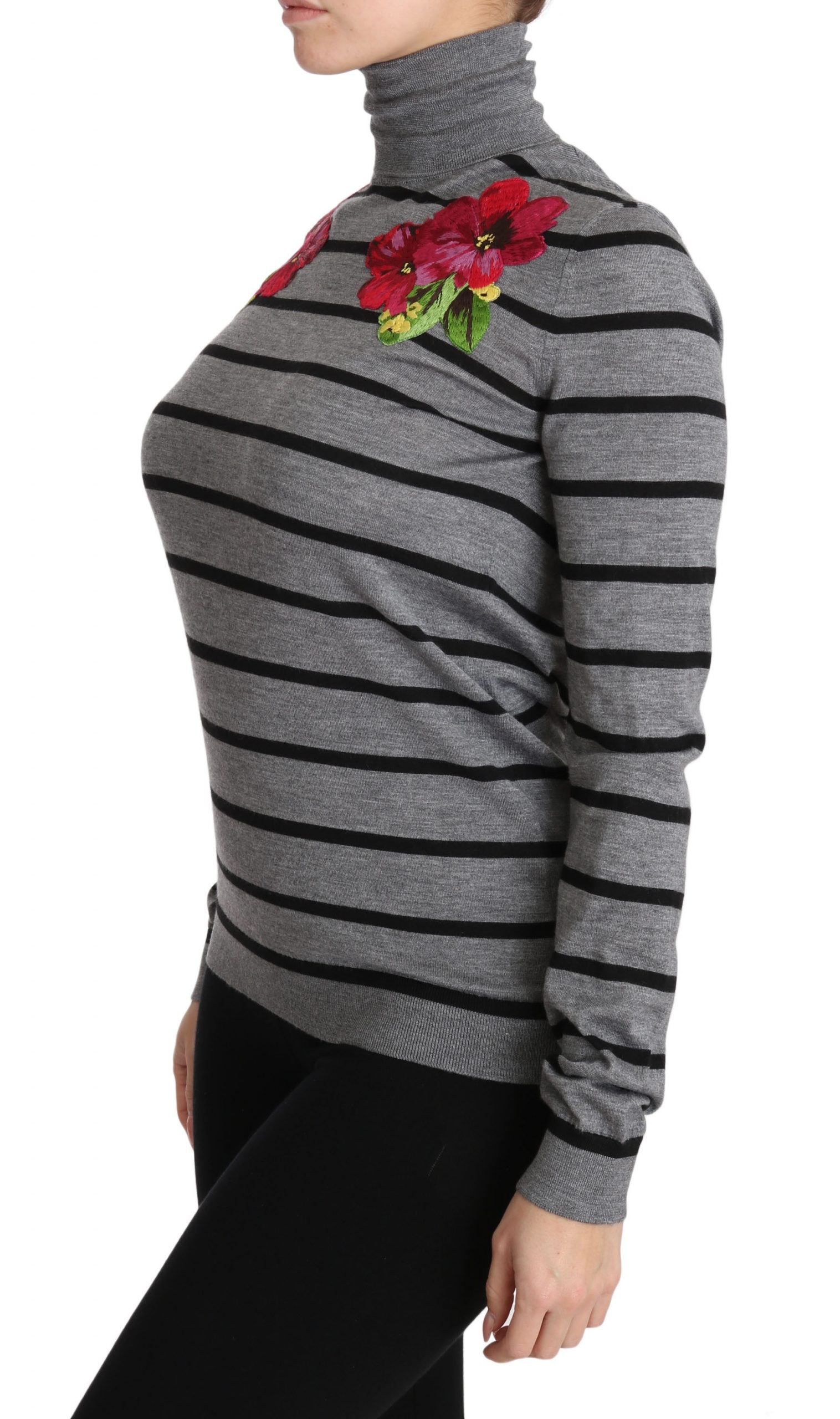 Gray cashmere silk turtleneck sweater by Dolce & Gabbana, close-up of soft fabric and ribbed collar.
