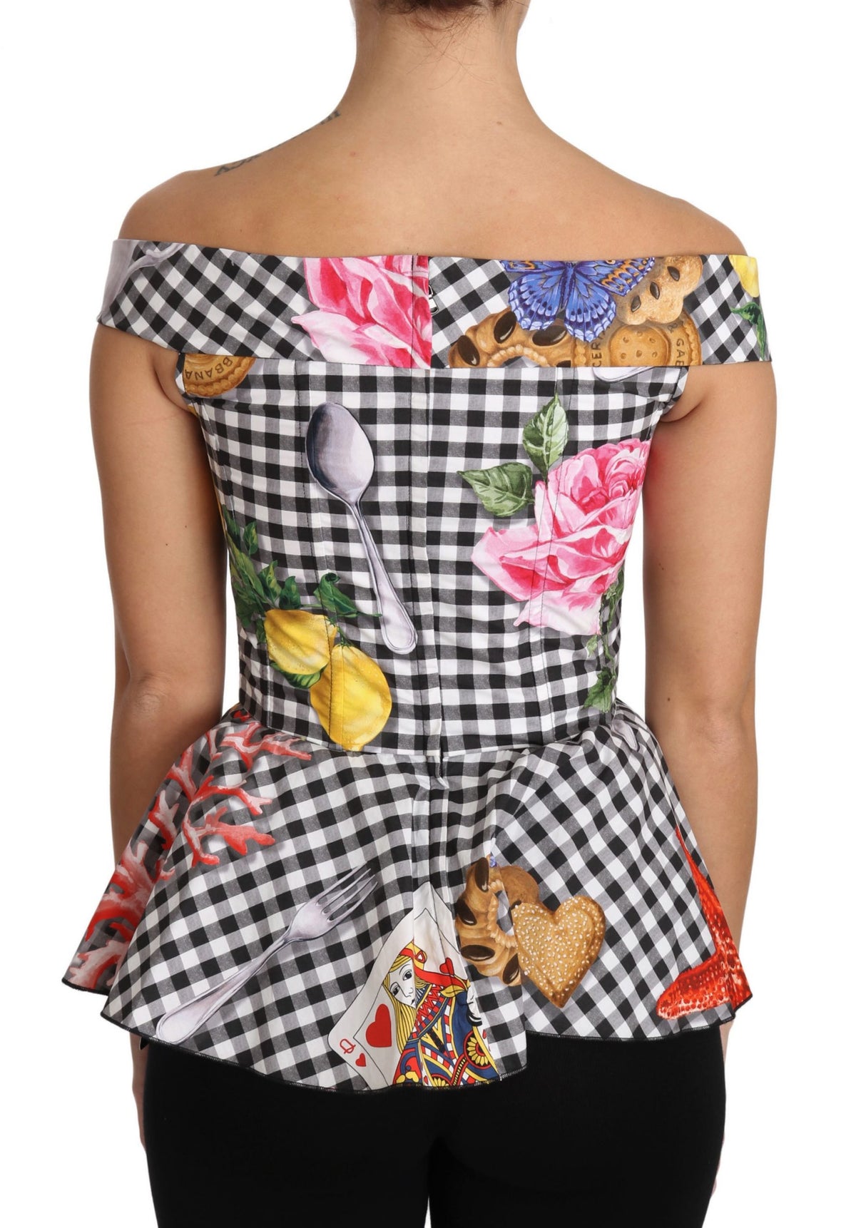 Black and white corset blouse with Sicily lemon check pattern from Dolce & Gabbana, featuring fitted design and stylish fabric details.