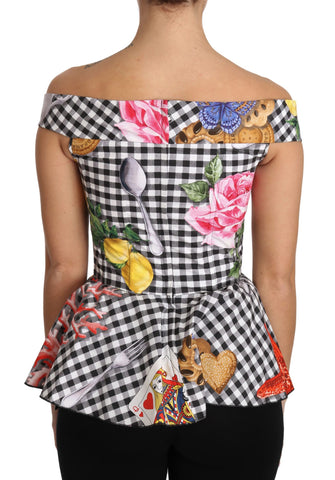 Black and white corset blouse with Sicily lemon check pattern from Dolce & Gabbana, featuring fitted design and stylish fabric details.