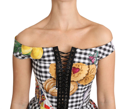 Dolce & Gabbana black and white corset blouse with Sicily lemon check pattern, stylish top with structured fit and elegant design.