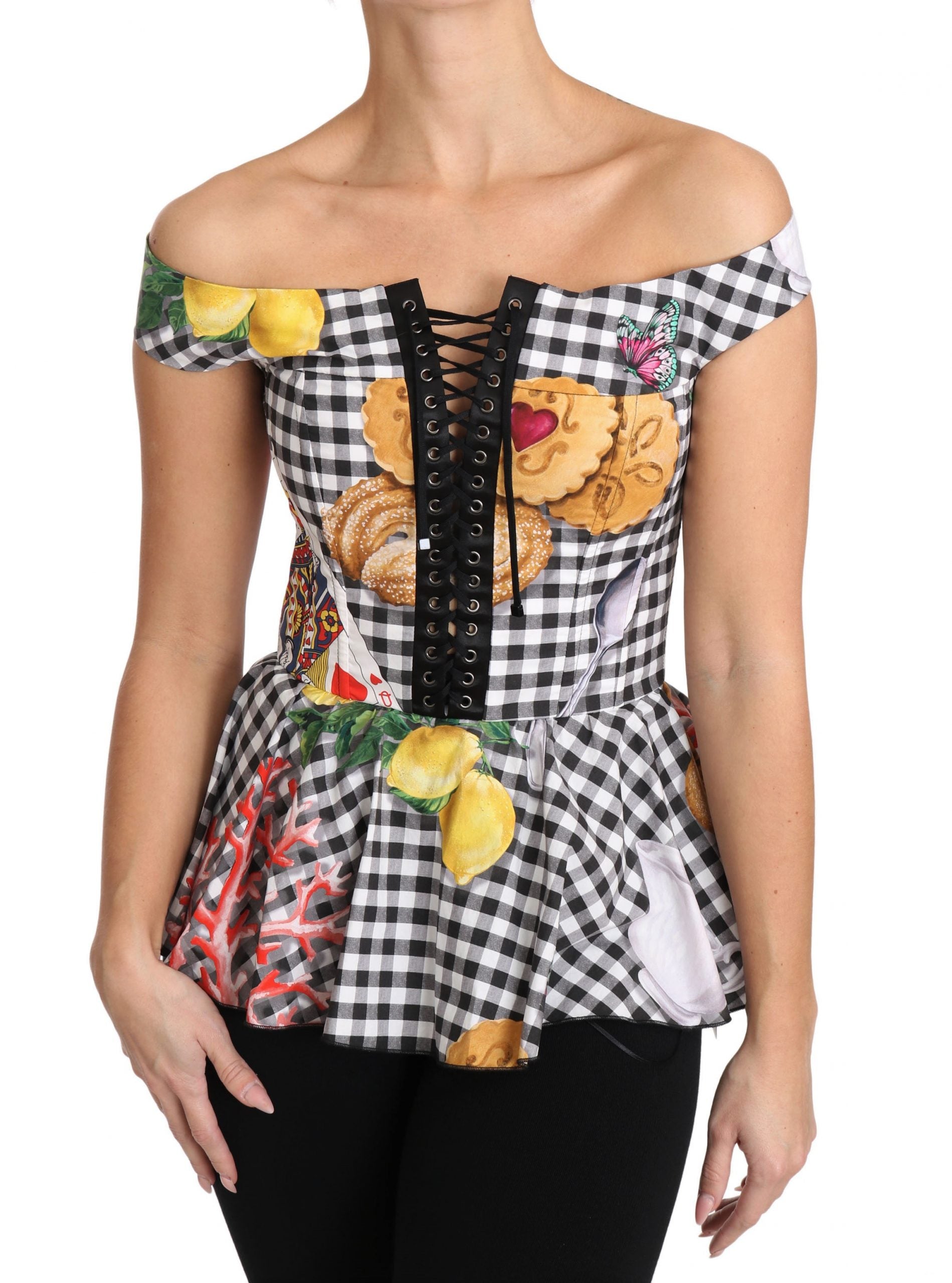 Black and white corset blouse by Dolce & Gabbana featuring Sicily lemon check pattern and structured fit.