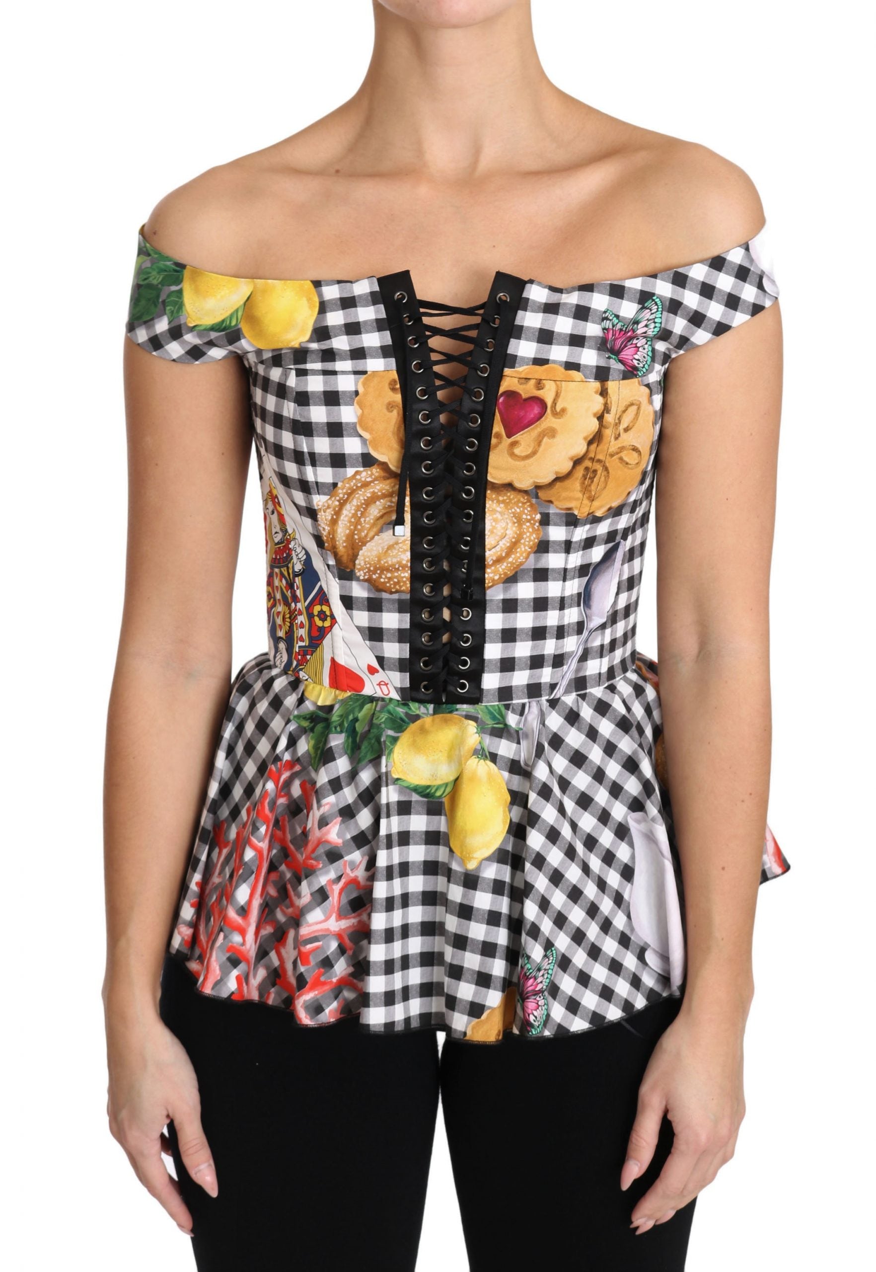 Black and white corset blouse with Sicily lemon check pattern from Dolce & Gabbana, featuring a fitted, stylish top with ruffled details.