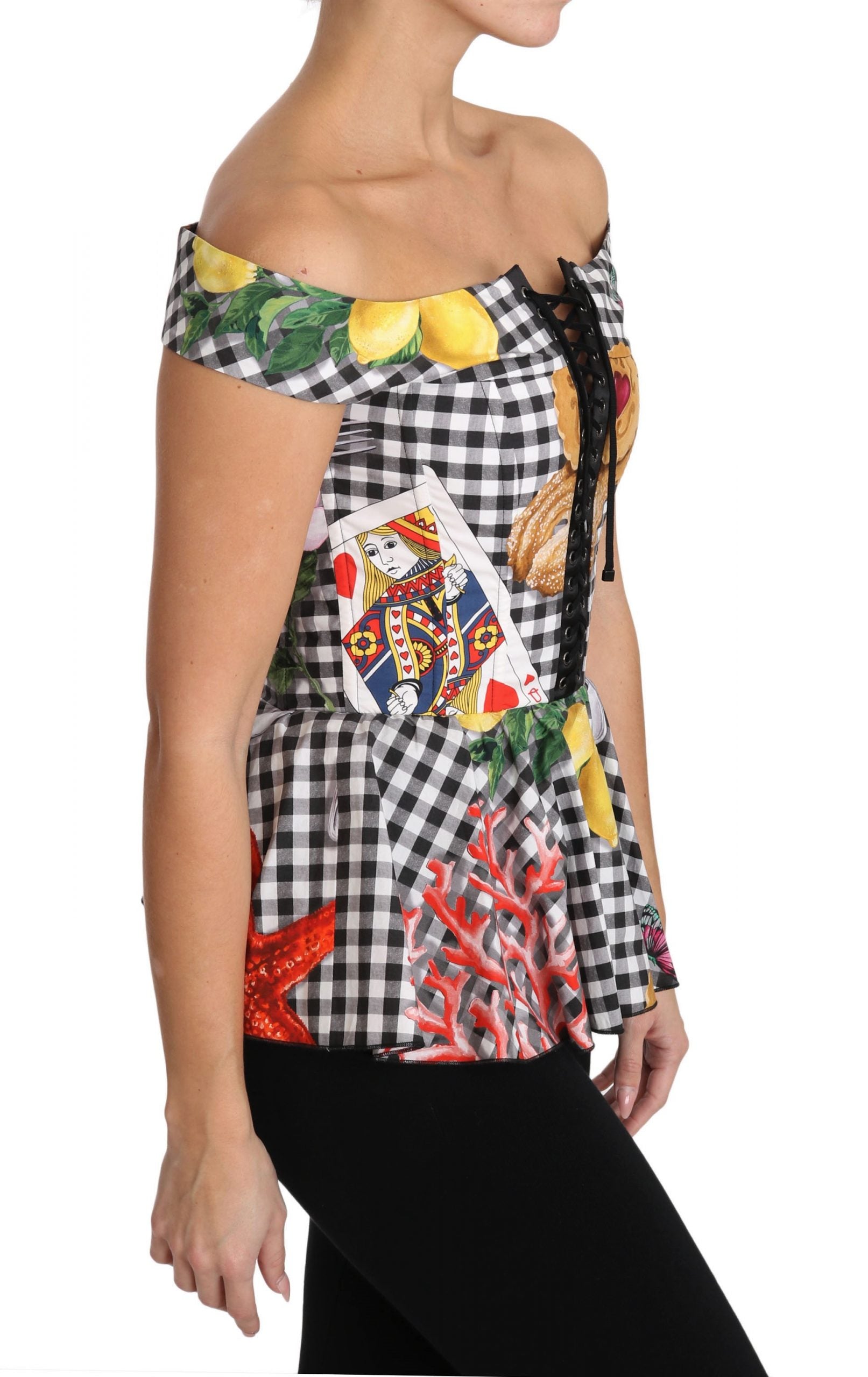 Black and white corset blouse with Sicily lemon check pattern by Dolce & Gabbana, featuring a fitted design and elegant style.