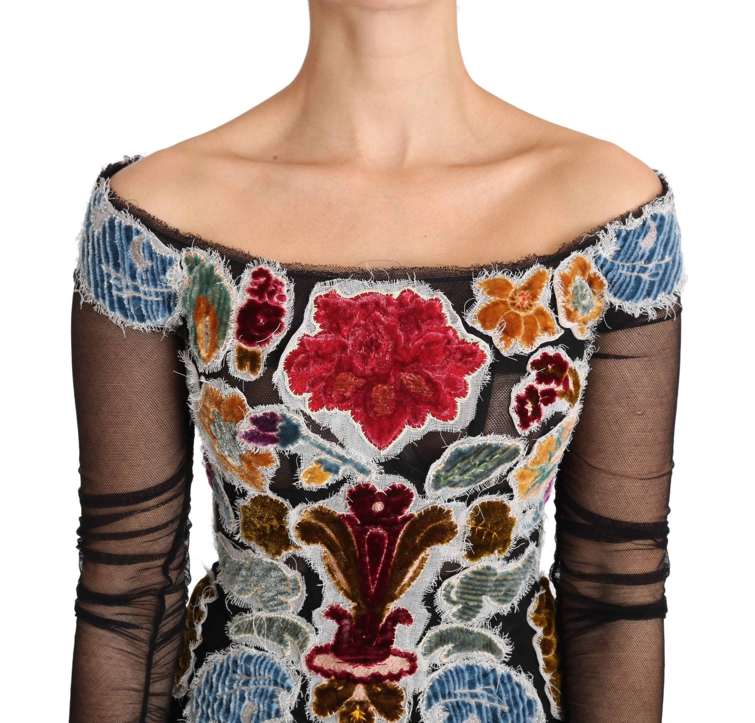 Black floral Ricamo top T-shirt blouse by Dolce & Gabbana with intricate floral embroidery details.