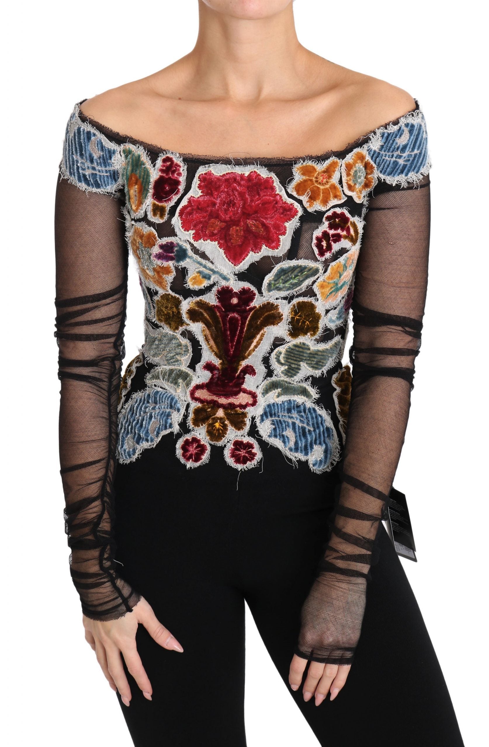 Black floral Ricamo top T-shirt blouse by Dolce & Gabbana with intricate floral embroidery and a relaxed fit.