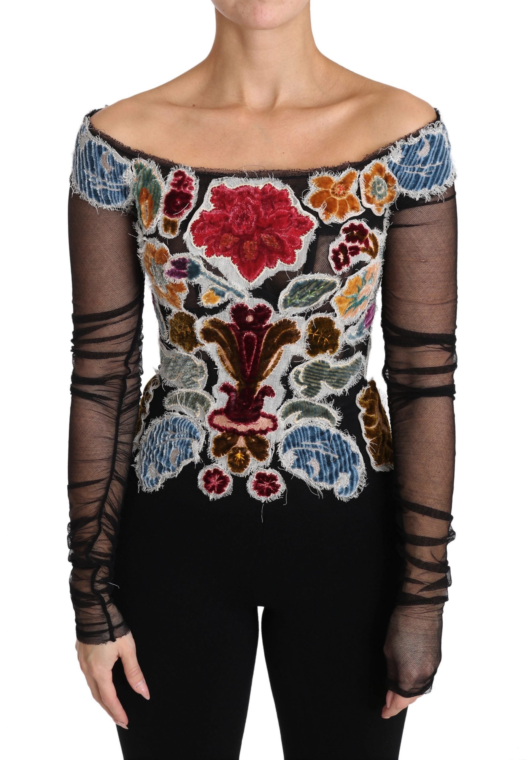 Black floral ricamo top T-shirt blouse by Dolce & Gabbana with intricate floral embroidery and relaxed fit.