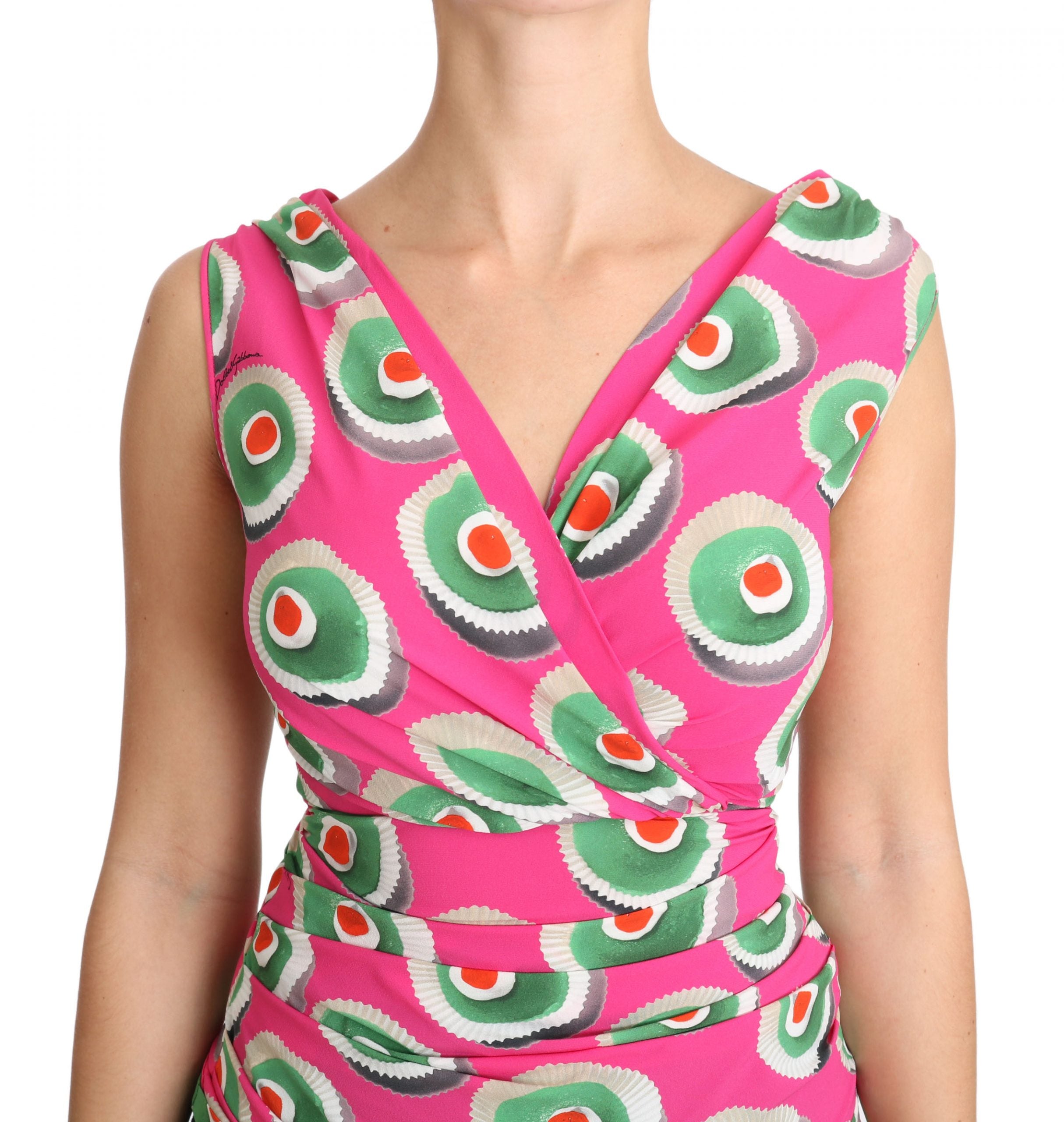 Pink silk stretch Sicilian cake top by Dolce & Gabbana, featuring intricate design details and luxurious fabric.