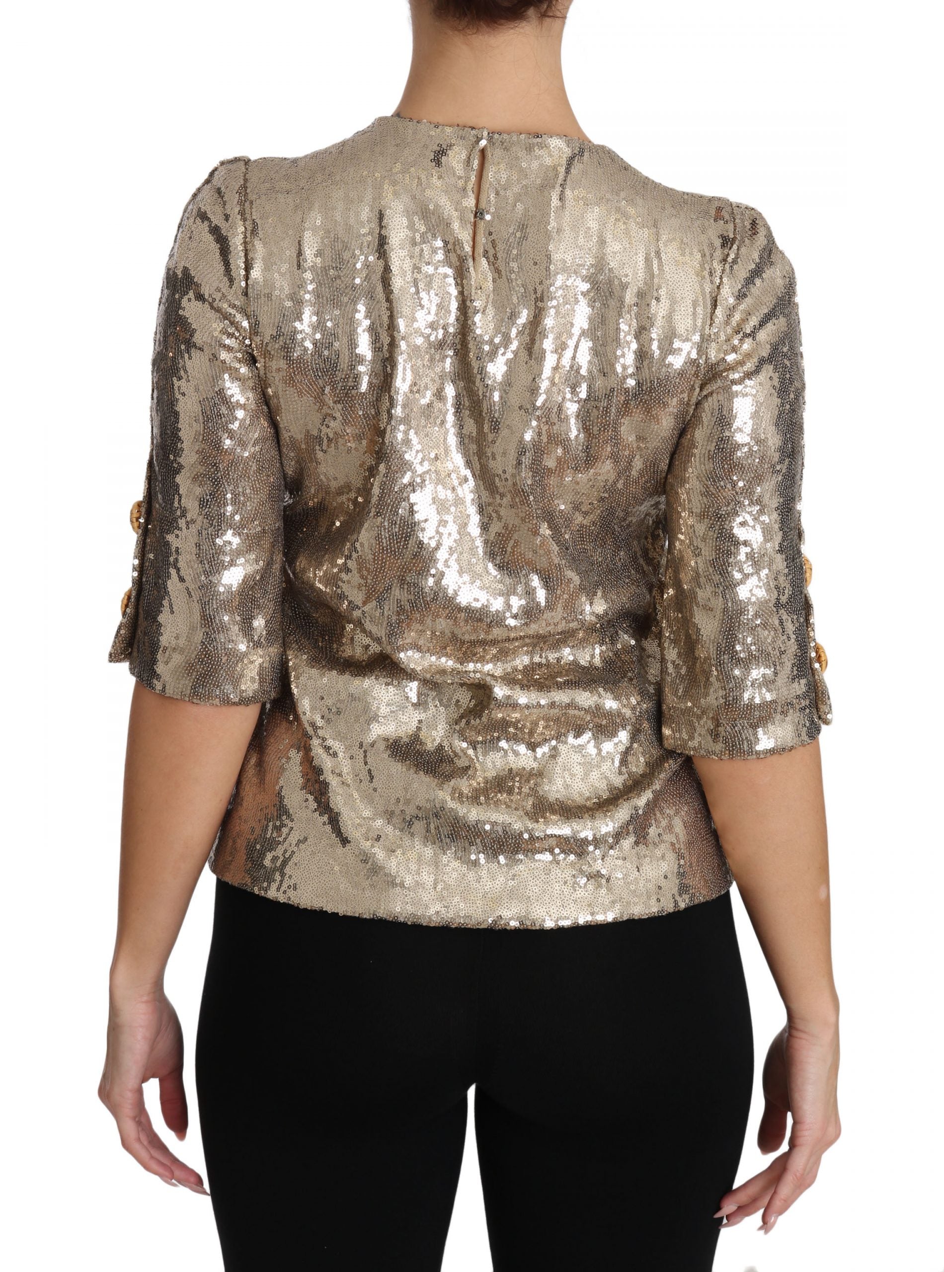 Gold sequined parrot crystal blouse by Dolce & Gabbana featuring vibrant sequins and a decorative parrot design.