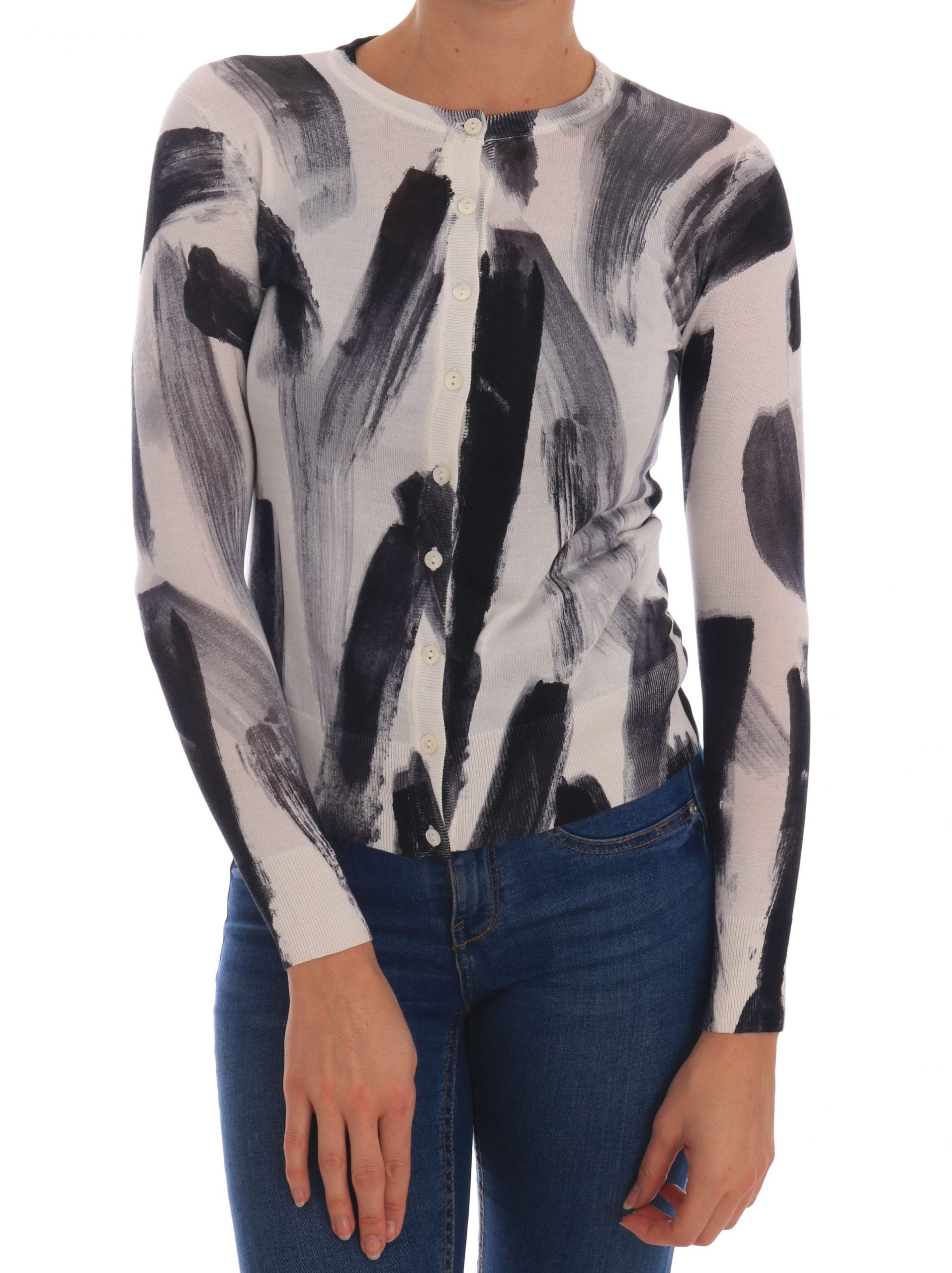 Lightweight silk cardigan with paint stroke pattern from Dolce & Gabbana, featuring a relaxed fit and vibrant artistic design.