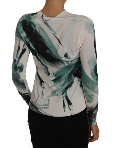 White silk cardigan by Dolce & Gabbana featuring a lightweight paint stroke design and a relaxed fit.