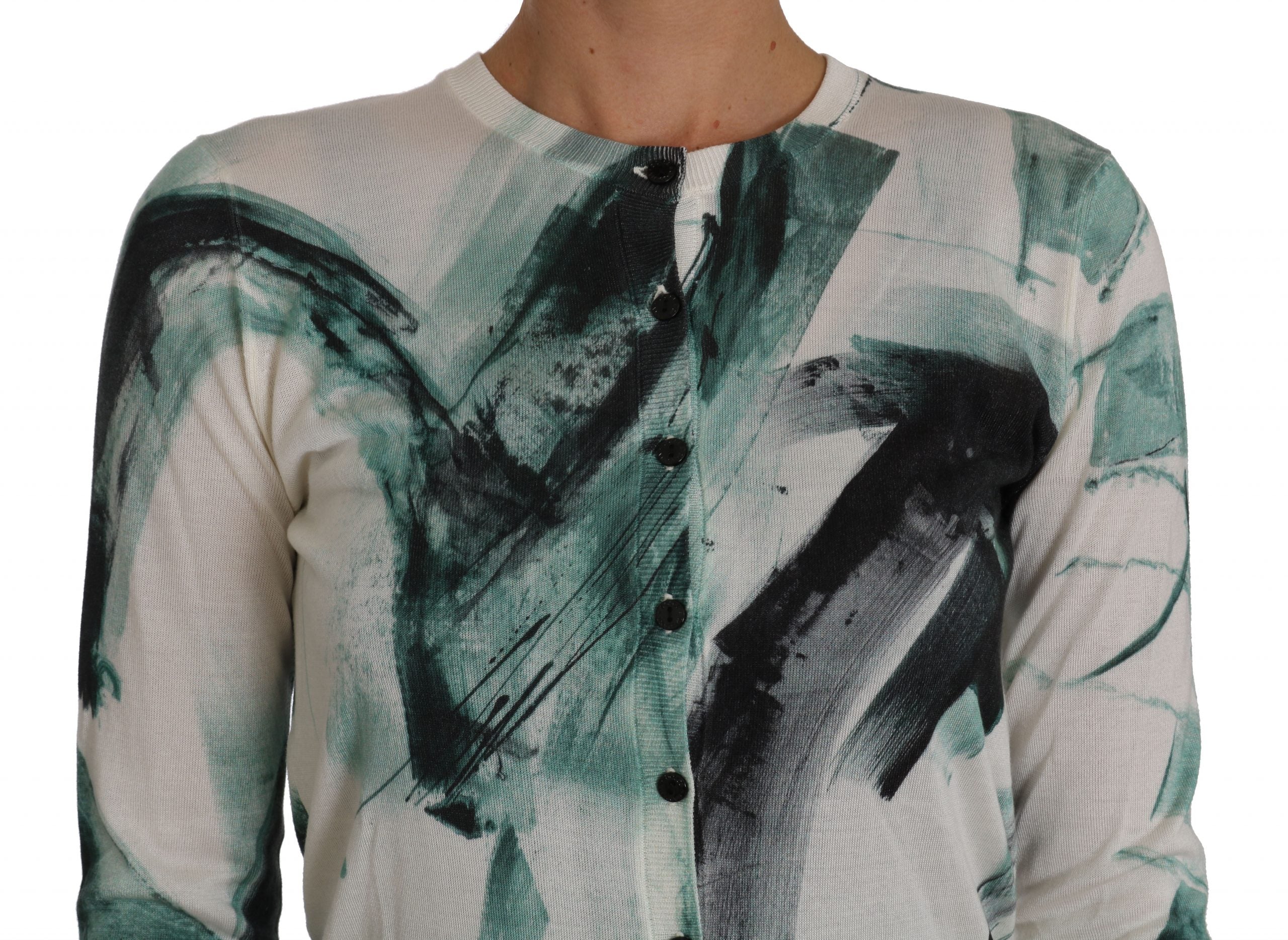 White silk cardigan with lightweight paint stroke design from Dolce & Gabbana, featuring long sleeves and a relaxed fit.