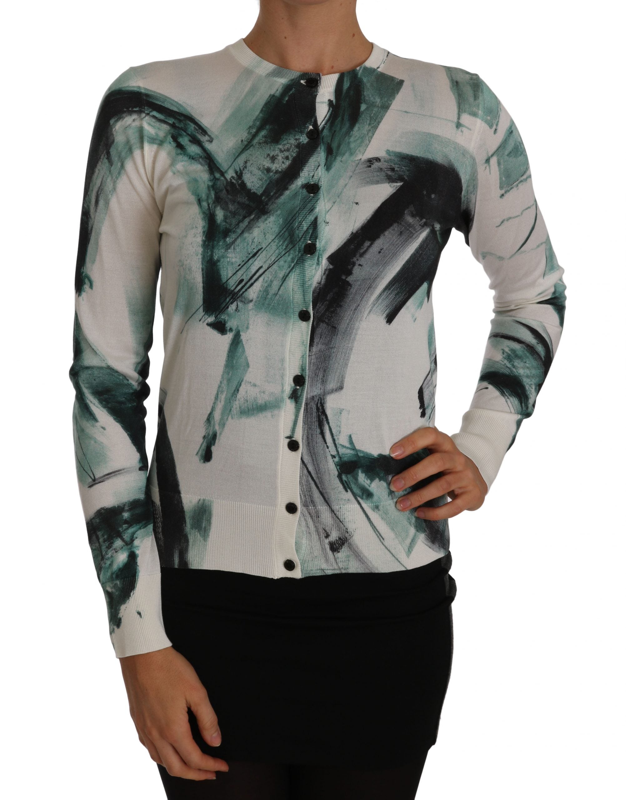 White silk cardigan with lightweight paint stroke pattern by Dolce & Gabbana, shown on a model.