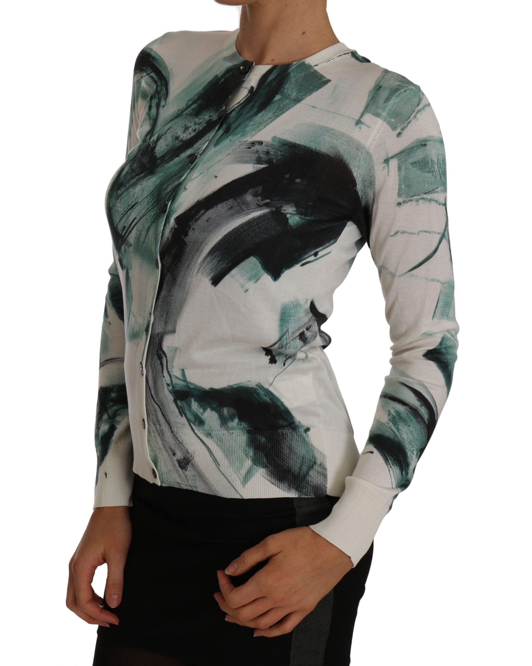White silk cardigan with lightweight paint stroke pattern by Dolce & Gabbana, featuring a soft, elegant design and open front style.