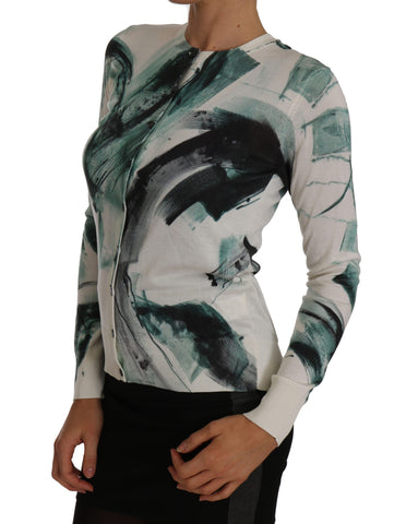 White silk cardigan with lightweight paint stroke pattern by Dolce & Gabbana, featuring a soft, elegant design and open front style.