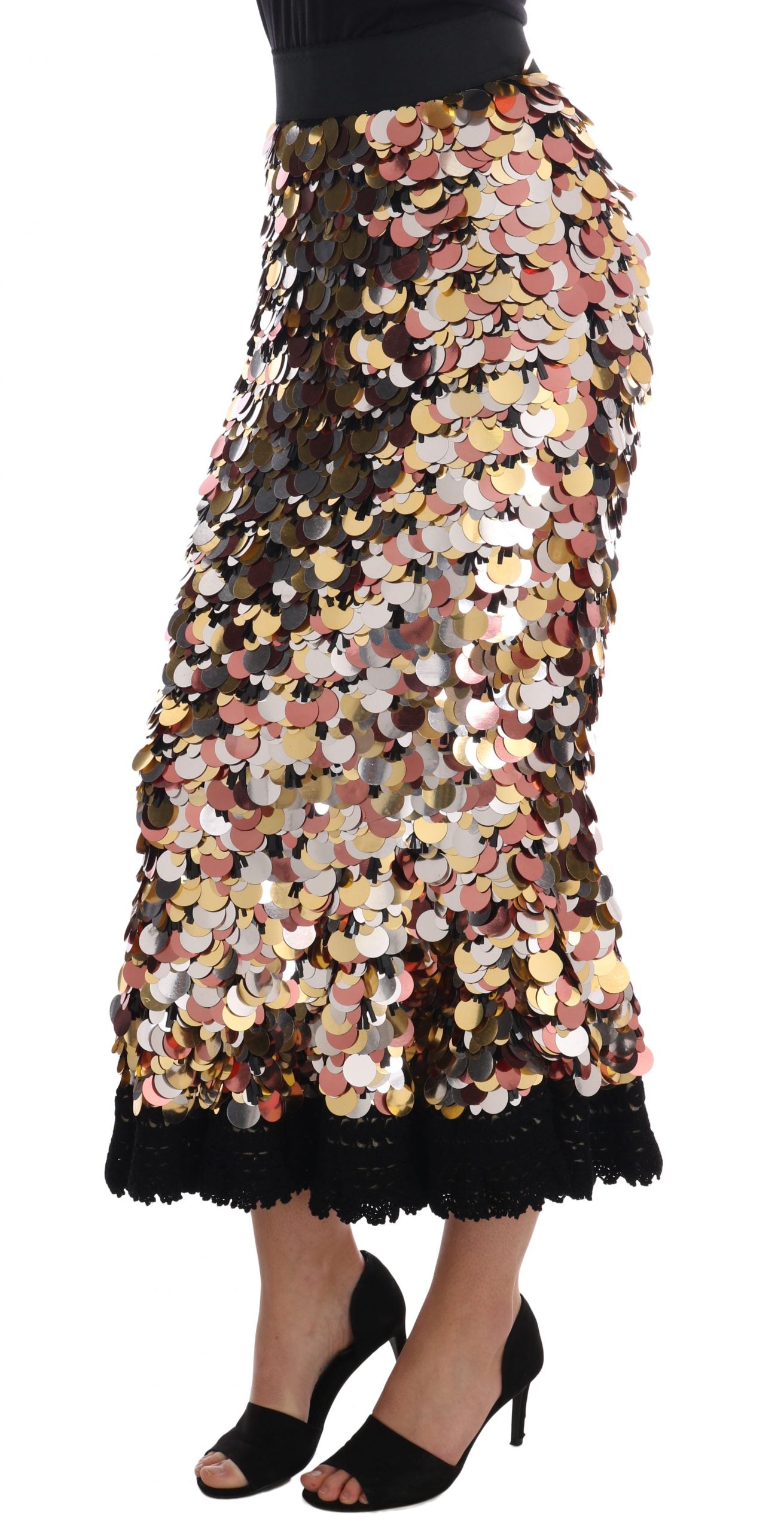 Gold sequined peplum high waist skirt by Dolce & Gabbana, featuring shimmering gold sequins and a fitted high waist design.