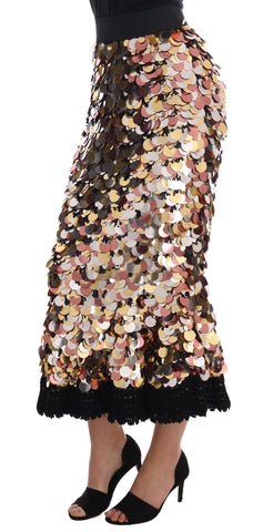 Gold sequined peplum high waist skirt by Dolce & Gabbana, featuring shimmering gold sequins and a fitted high waist design.