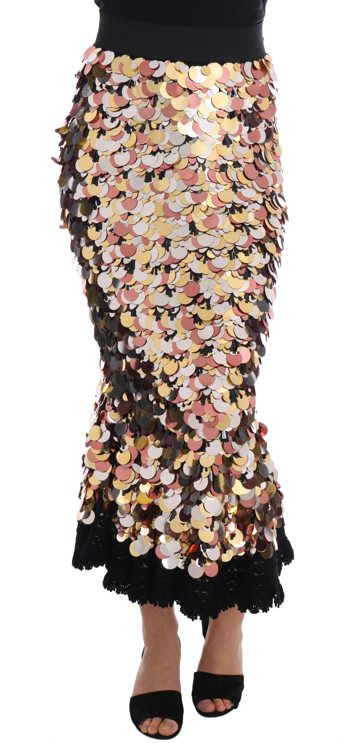 Gold sequined peplum high waist skirt by Dolce & Gabbana, featuring shimmering sequins and a fitted high waist design.