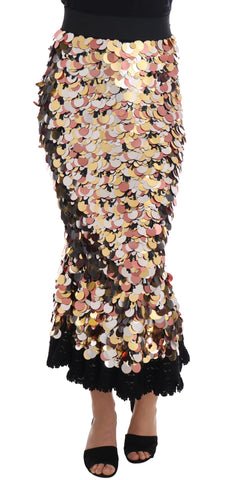 Gold sequined peplum high waist skirt by Dolce & Gabbana, featuring shimmering sequins and a fitted high waist design.