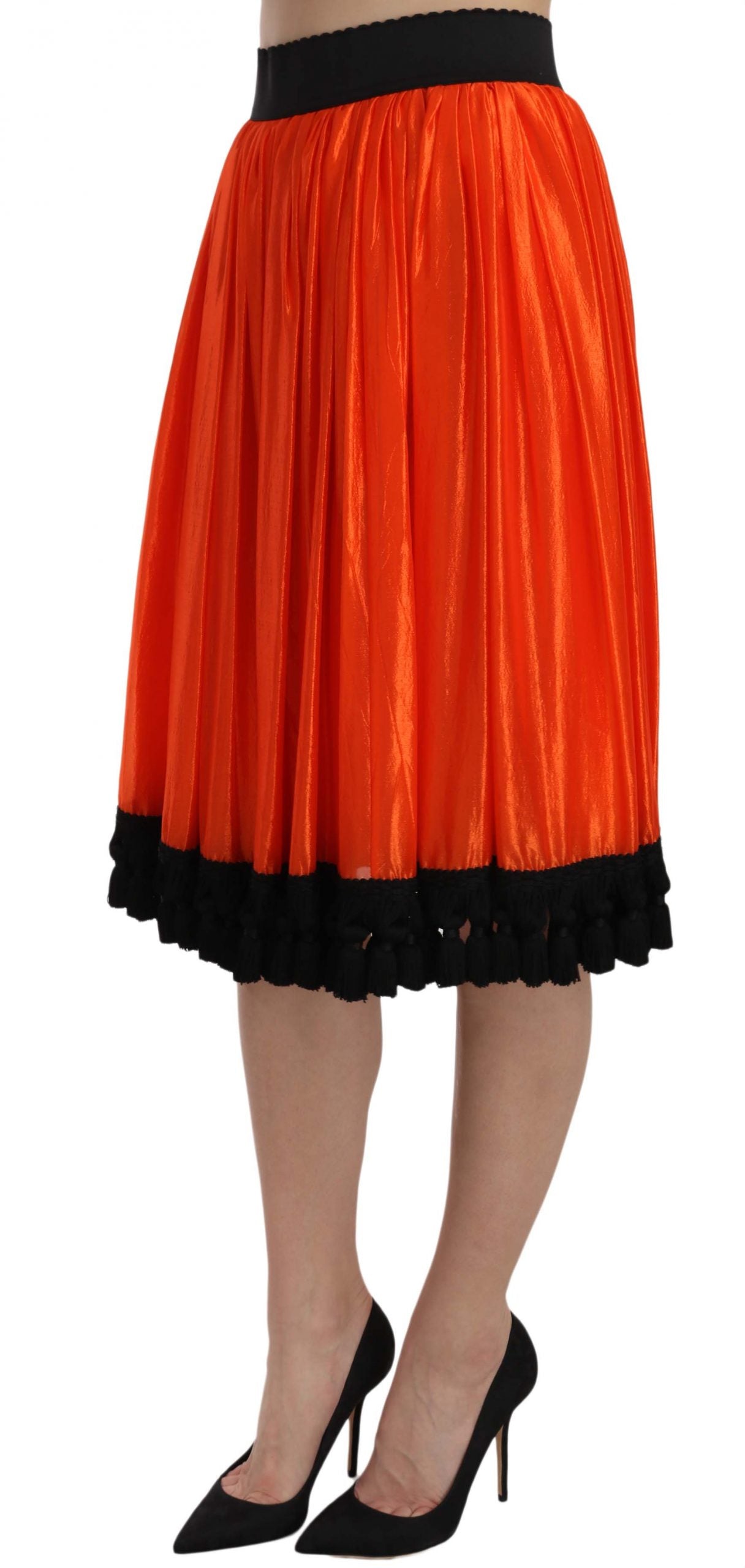 Orange high waist knee-length skirt by Dolce & Gabbana, shown on a model, featuring a fitted waistband and elegant silhouette.