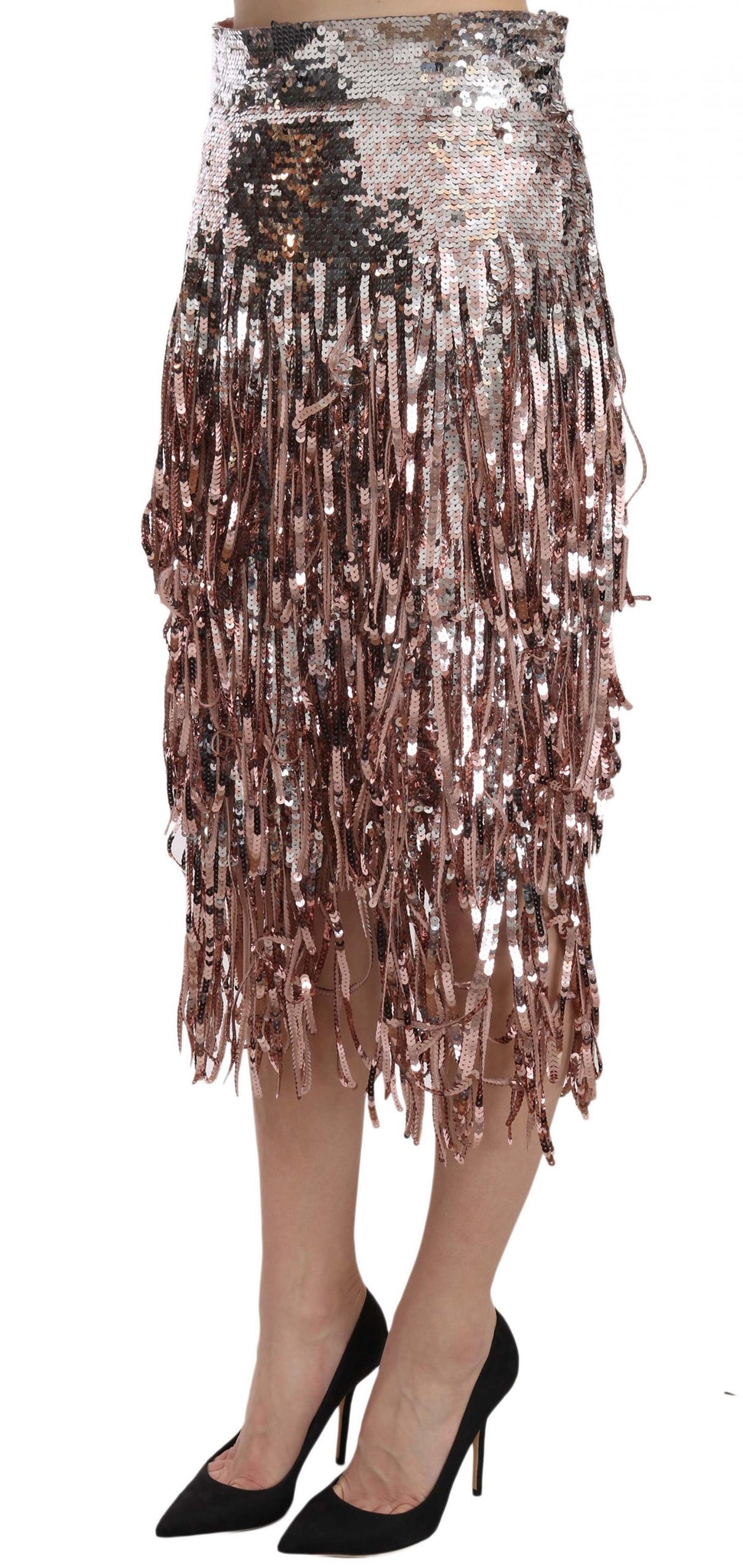 Sequin embellished fringe midi pencil skirt by Dolce & Gabbana, showcasing shiny sequins and flowing fringe detail.