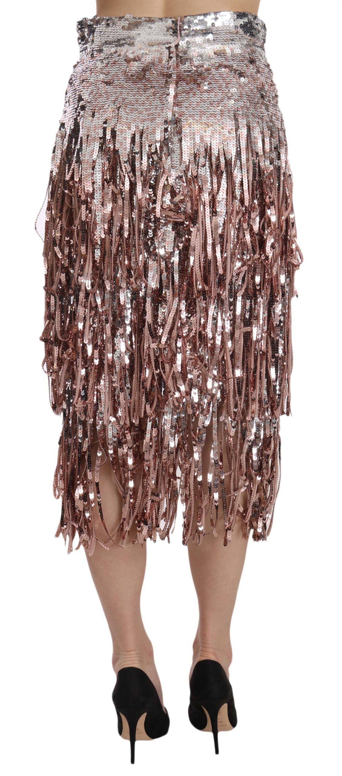 Sequin embellished fringe midi pencil skirt by Dolce & Gabbana, featuring shimmering sequins and stylish fringe detail.