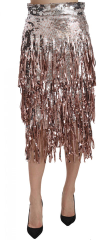 Sequin embellished fringe midi pencil skirt by Dolce & Gabbana, featuring shiny sequins and stylish fringe detail.