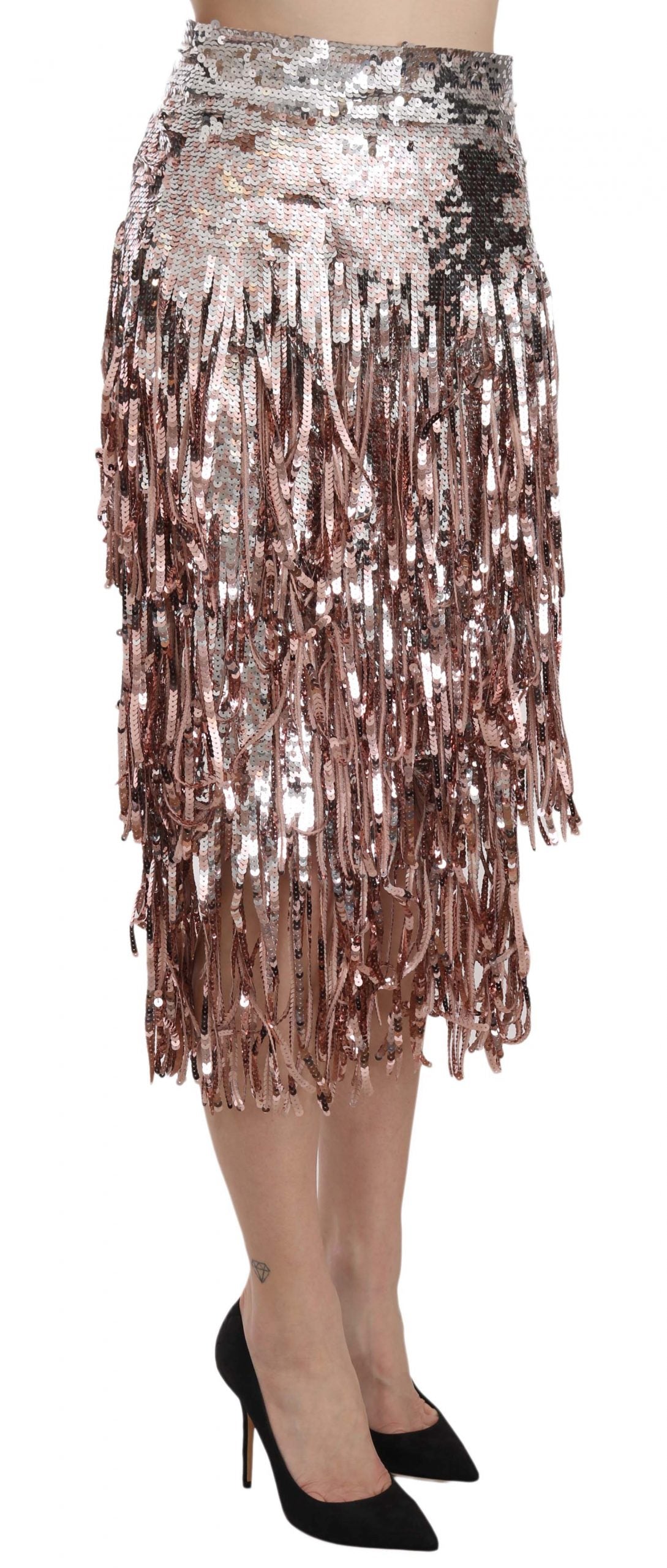 Sequin embellished fringe midi pencil skirt by Dolce & Gabbana, featuring shimmering sequins and stylish fringe details.
