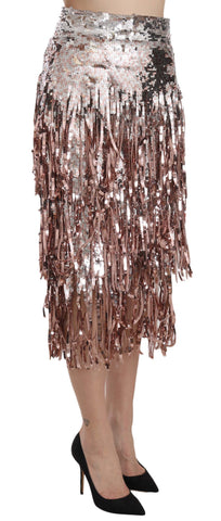 Sequin embellished fringe midi pencil skirt by Dolce & Gabbana, featuring shimmering sequins and stylish fringe details.