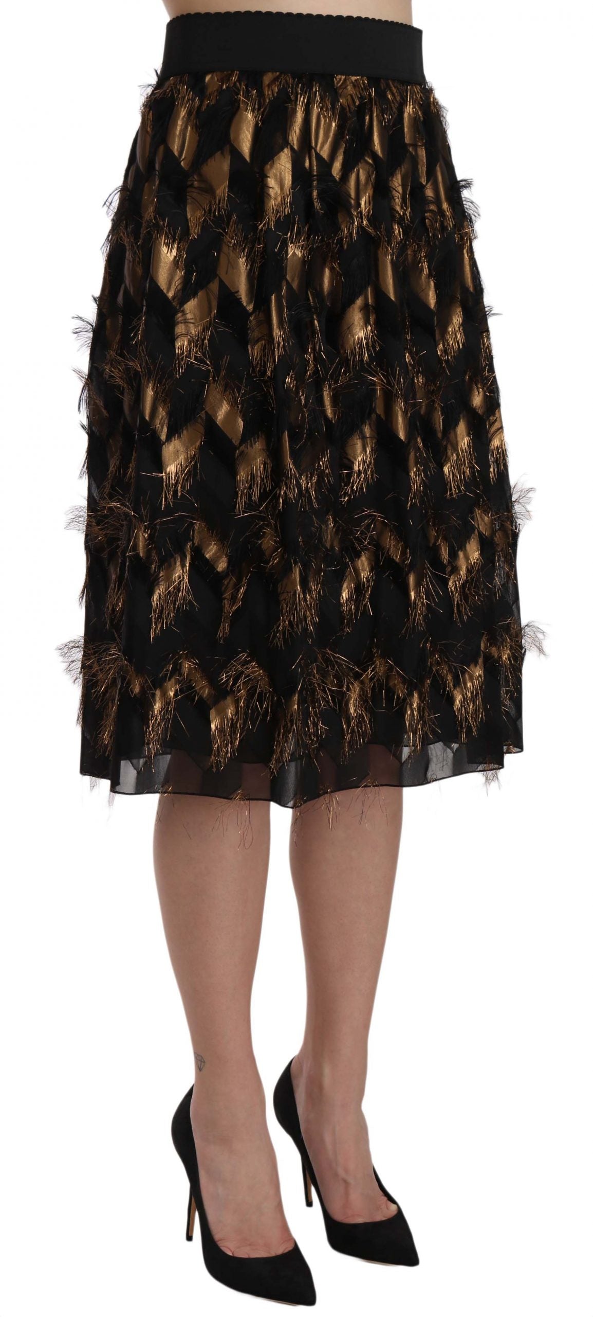 Black gold fringe metallic pencil A-line skirt by Dolce & Gabbana, featuring shiny fringe detail and a sleek silhouette.